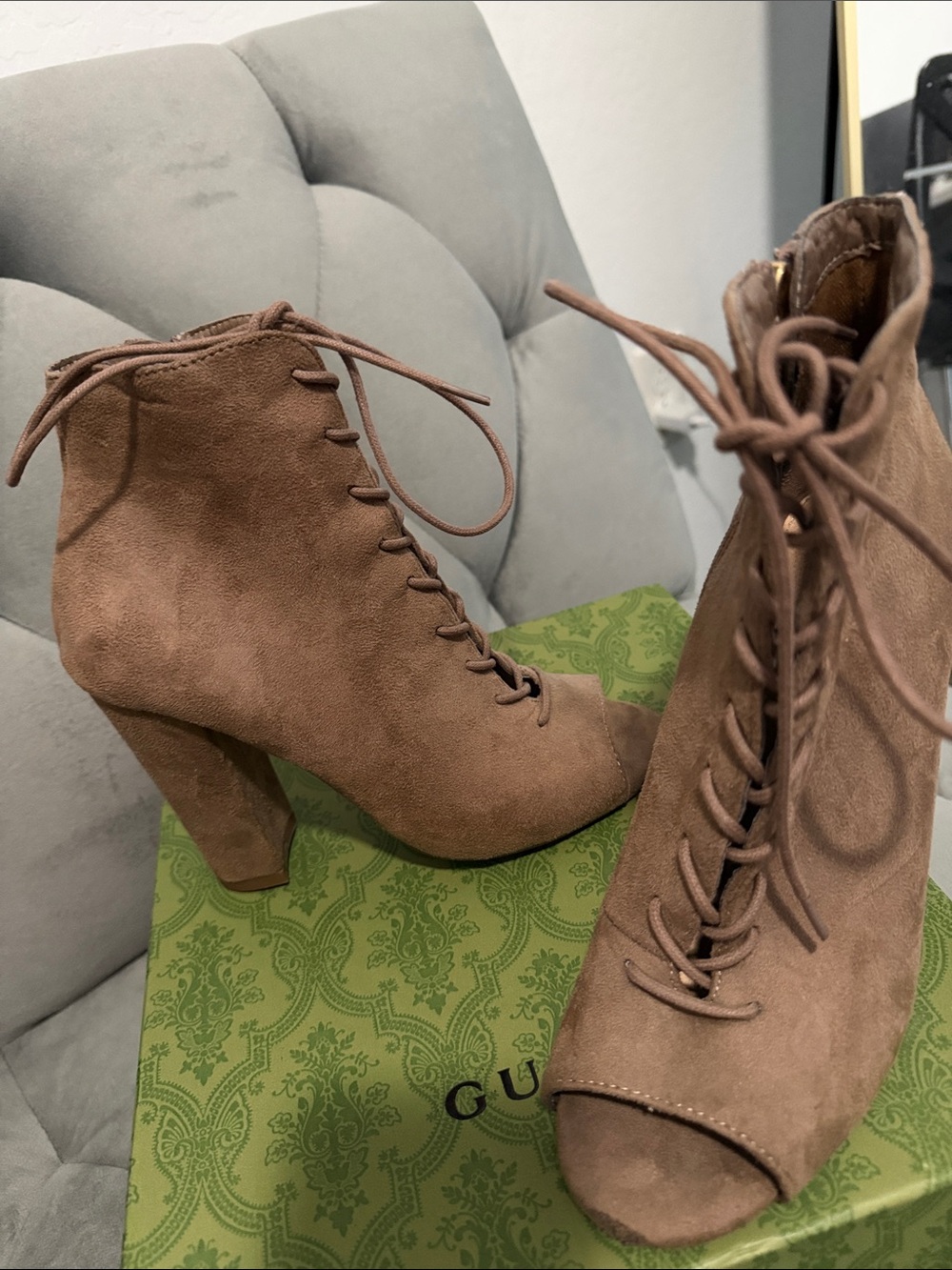Brown Lace-Up Suede Ankle Booties